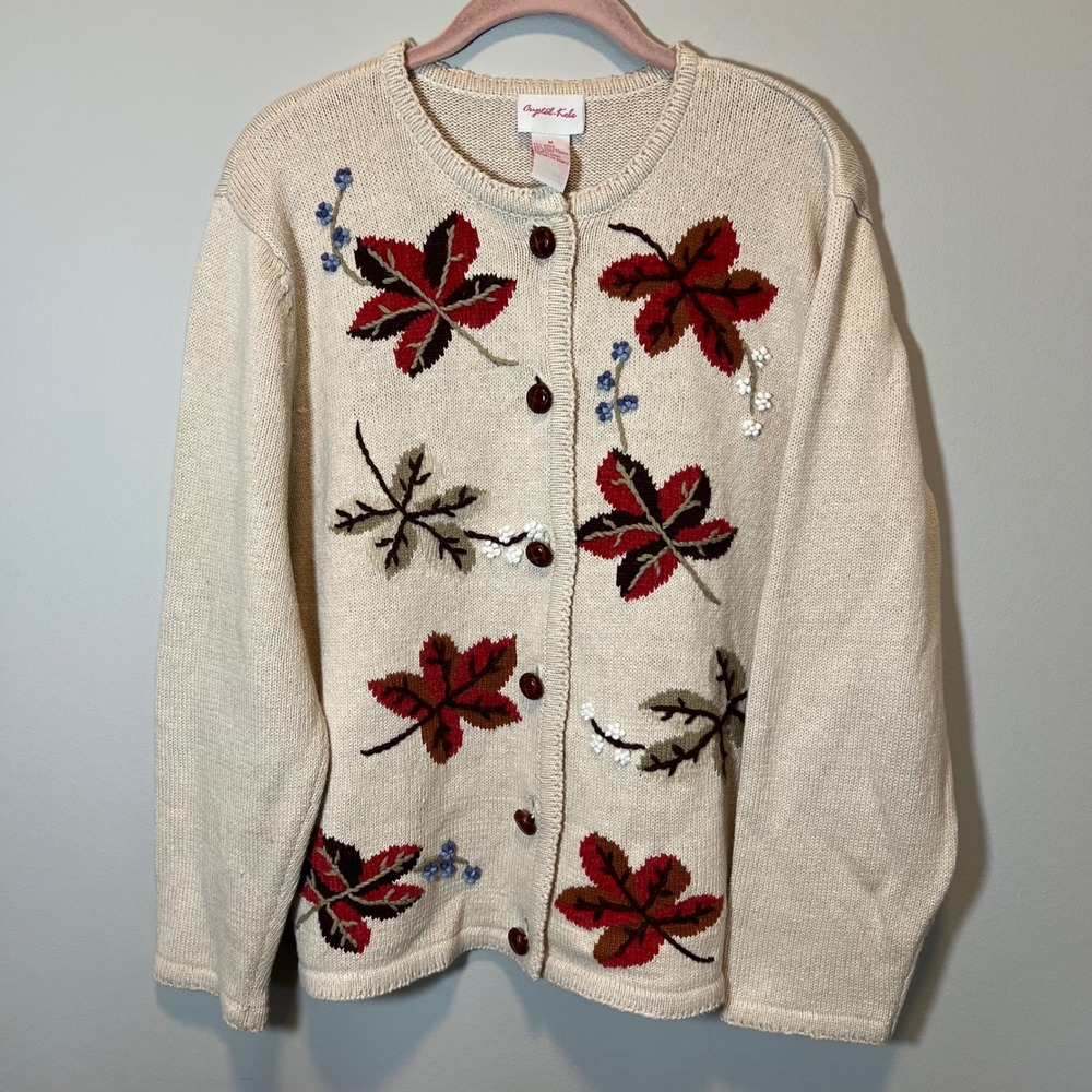 Crystal Kobe Women's Cream Fall Leaf Embroidered Cardigan Sweater Ramie Cotton M